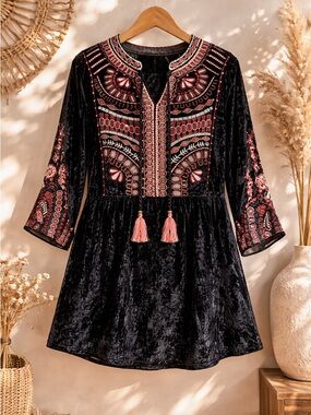 John Mark Black Boho Velvet Long Sleeve Tunic Dress with Pink Embroidery